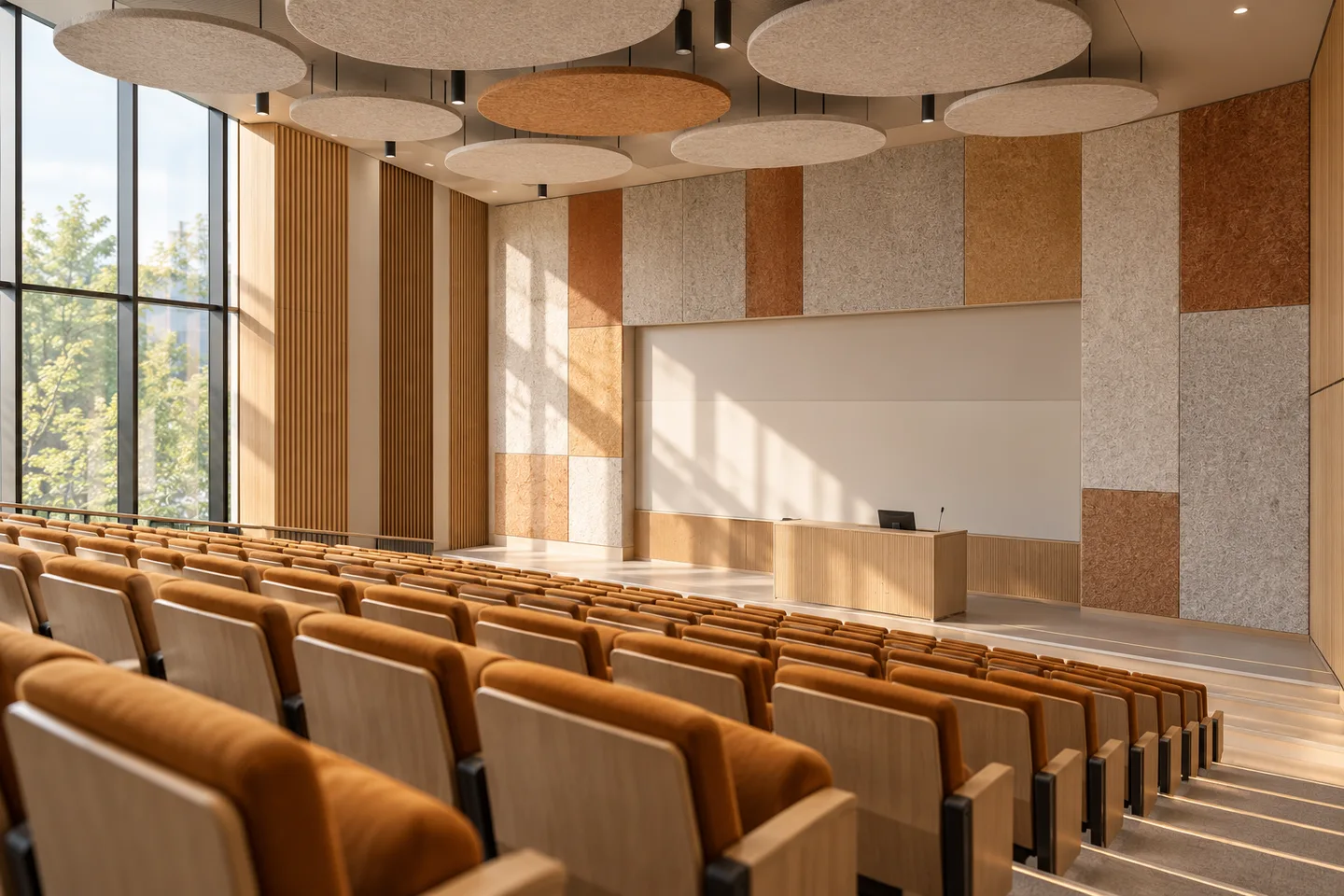 Illustration of a lecture theatre with textured acoustic walls and suspended ceiling absorbers Illustration of a lecture theatre with textured acoustic walls and suspended ceiling absorbers