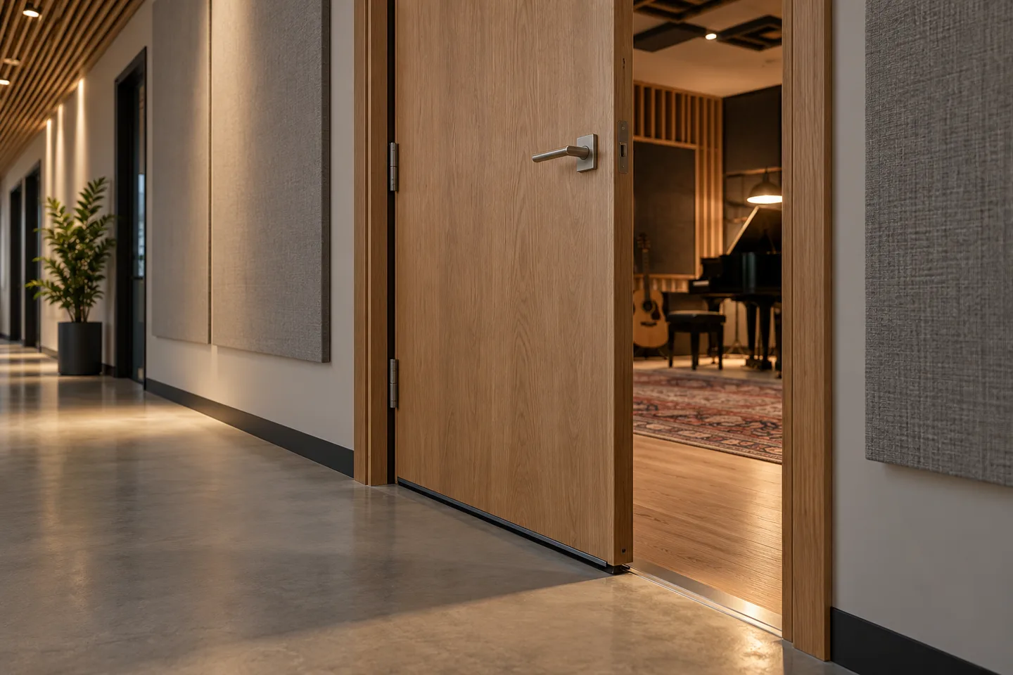 Illustration of an acoustic timber door and perimeter details beside a treated studio Illustration of an acoustic timber door and perimeter details beside a treated studio