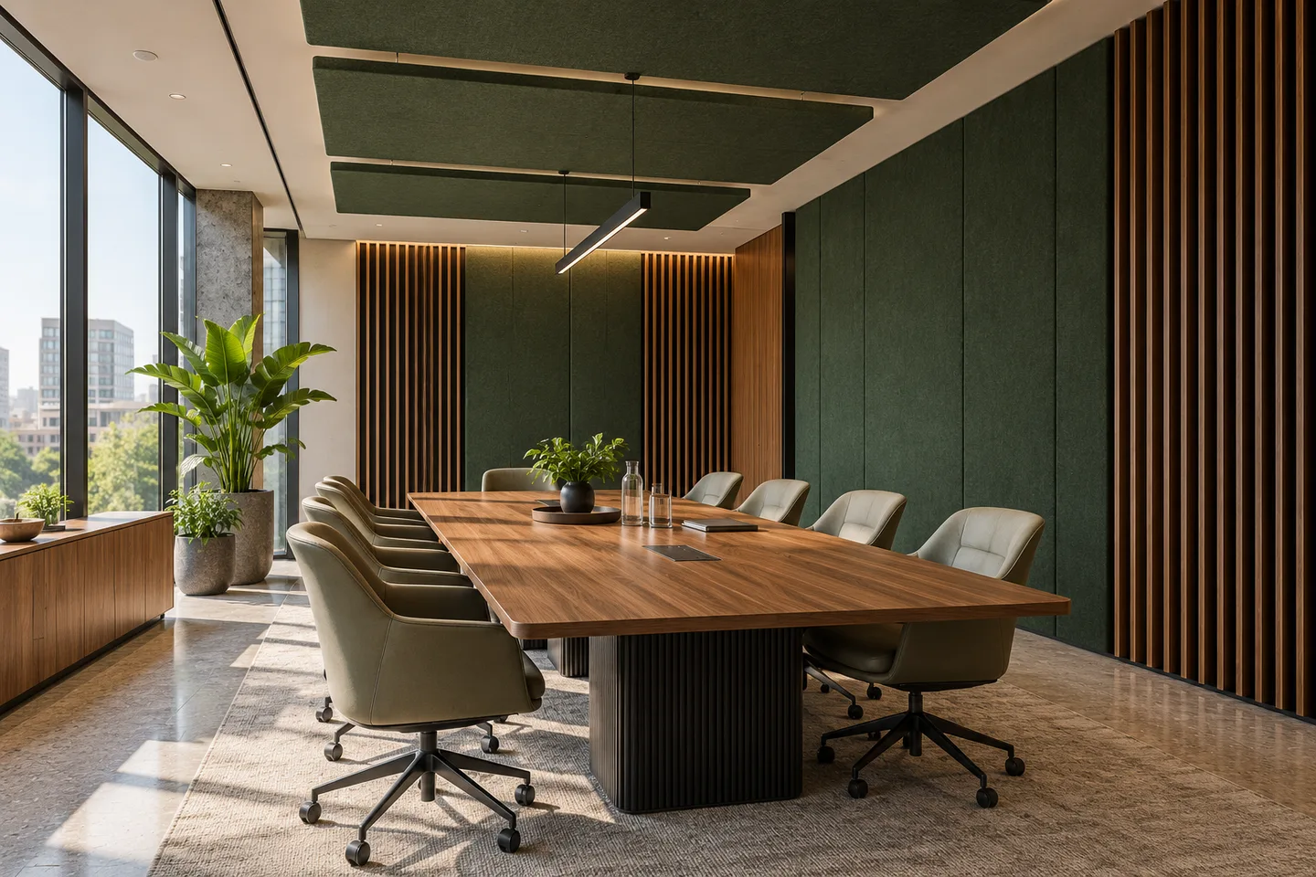 Illustration of a meeting room with fabric wall absorbers, timber slats and ceiling rafts Illustration of a meeting room with fabric wall absorbers, timber slats and ceiling rafts